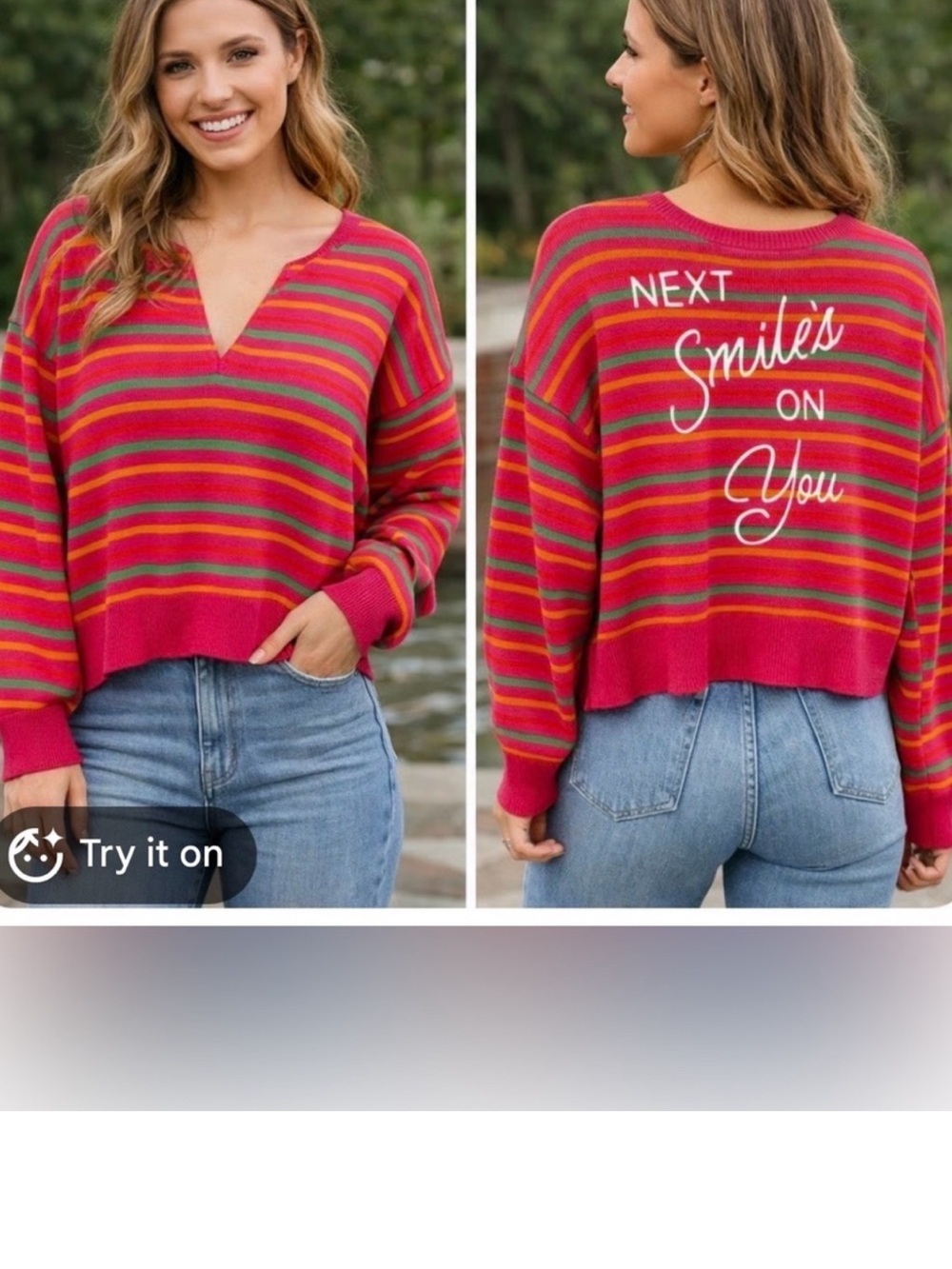 Kerri Rosenthal XO KR Hot Pink Sweater Stripe “Next Smile’s On You” Size Medium